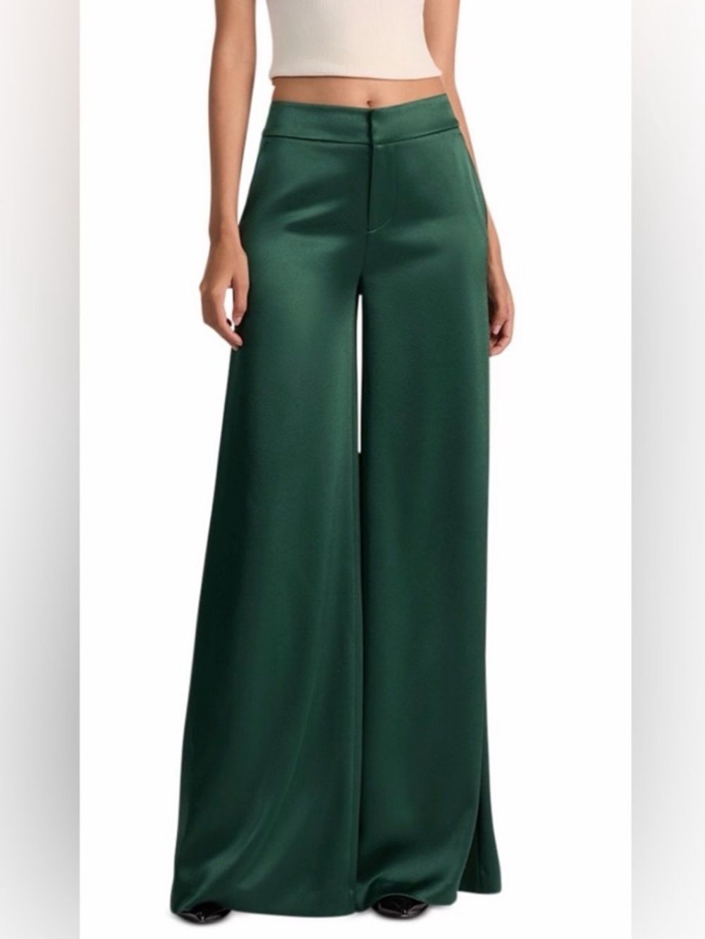 ALICE & OLIVIA Beautiful Luxe Green Satin Wide Leg Pants Sz 4 NWT $470!!